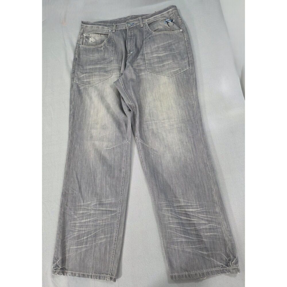 Eight 732 Mens 40x34 Grey Faded Jeans Embroidered Archer Logo Y2K Streetwear